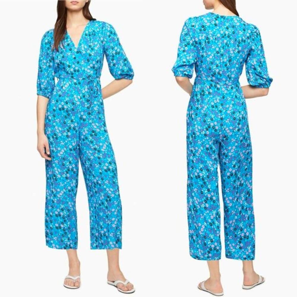 NEW Calvin Klein Womens Short Sleeve Cross Front Neckline Jumpsuit Blue Multi 10